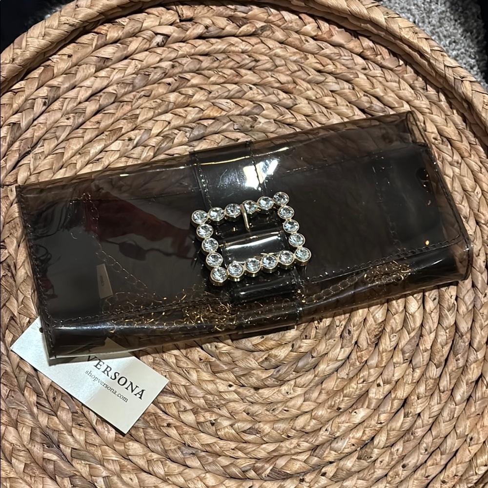 Versona Glossy Black Clutch with Sparkling Buckle
